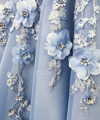 Off the Shoulder A-Line Blue Tulle Lace Sweetheart 3D Flowers Prom Dresses