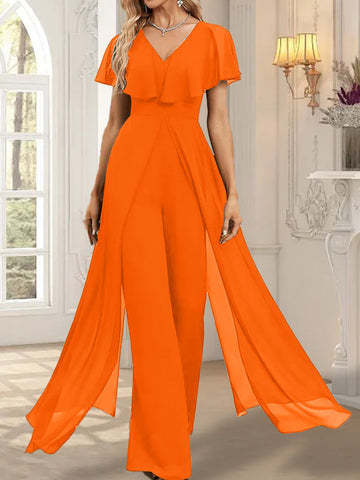 Jumpsuit/Hosenanzug V-Ausschnitt Bodenlanges Chiffon Abendkleid