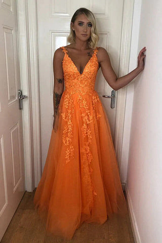 Tulle Backless A-line V-neck Lace Appliques Prom Dresses