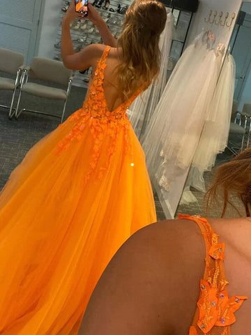 Orange Tulle V-neck Prom Dresses With Lace Appliques, Long Formal Dress