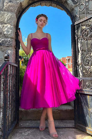 Organza A-line Sweetheart Pleated Tea Length Homecoming Dresses
