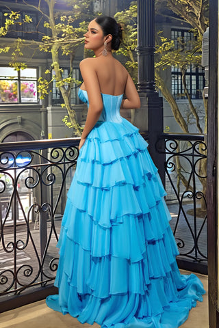 Strapless Corset Ball Gown With Ruffle Skirt Slit