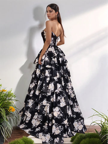 Printing Bodice Strapless A-line Tiered Prom Dress Long with Slit