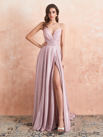 V-neck Spaghetti Strap Prom Dress Long with Slit
