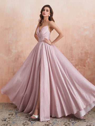 V-neck Spaghetti Strap Prom Dress Long with Slit