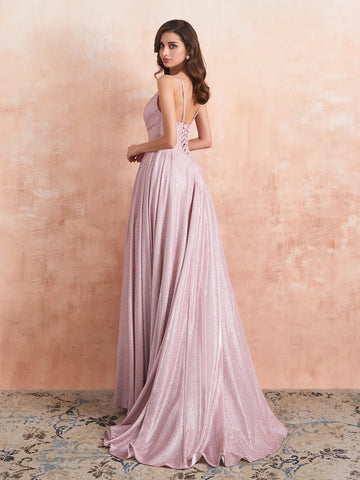 V-neck Spaghetti Strap Prom Dress Long with Slit