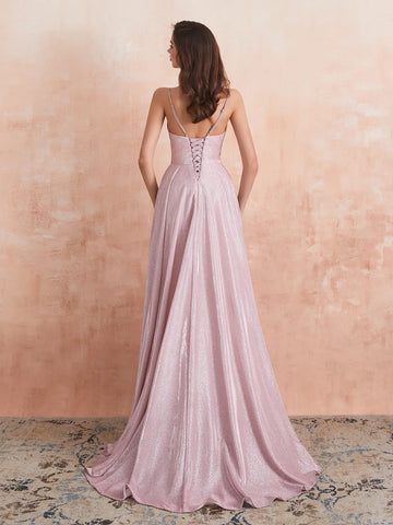 V-neck Spaghetti Strap Prom Dress Long with Slit