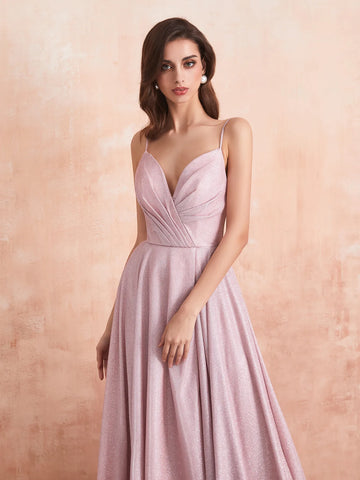V-neck Spaghetti Strap Prom Dress Long with Slit