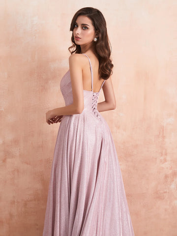 V-neck Spaghetti Strap Prom Dress Long with Slit