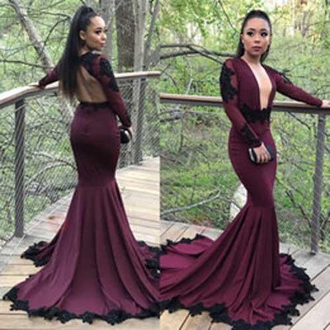 Gorgeous Purple Long Sleeves Mermaid Prom Dresses with Black Appliques