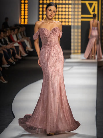 Luxuriöses schulterfreies, langes Trompeten-Abendkleid