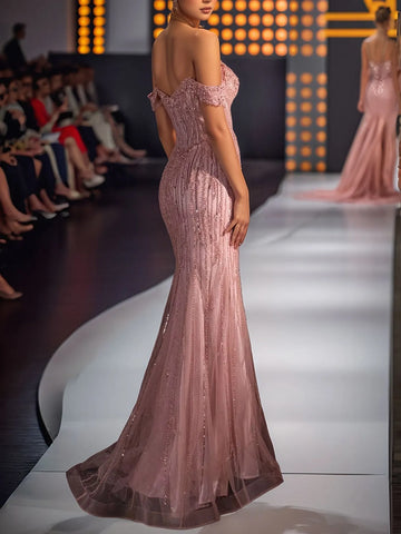 Luxuriöses schulterfreies, langes Trompeten-Abendkleid