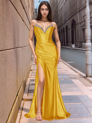 Strapless Satin Mermaid Long Prom Dress With Split