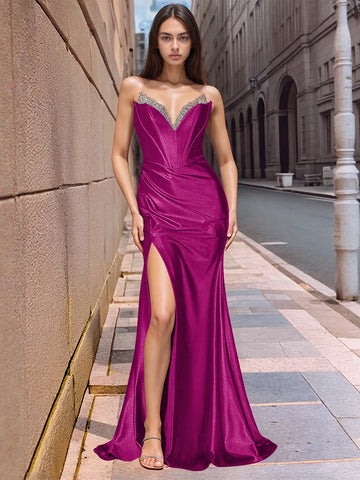 Strapless Satin Mermaid Long Prom Dress With Split