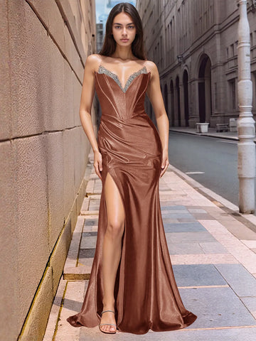 Strapless Satin Mermaid Long Prom Dress With Split