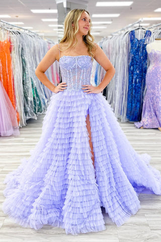 Lilac A Line Spaghetti Straps Tulle Tiered Long Corset Prom Dress 