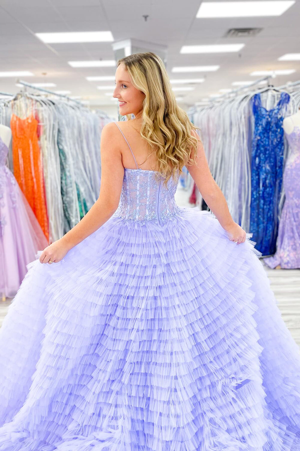 Lilac A Line Spaghetti Straps Tulle Tiered Long Corset Prom Dress 