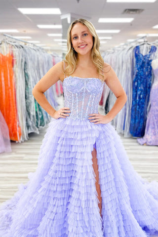 Lilac A Line Spaghetti Straps Tulle Tiered Long Corset Prom Dress 