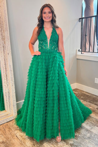Dark Green Halter Neck A-Line Tulle Tiered Long Corset Prom Dress with Appliques