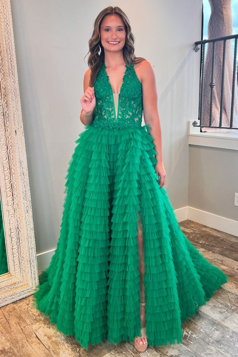 Dark Green Halter Neck A-Line Tulle Tiered Long Corset Prom Dress with Appliques