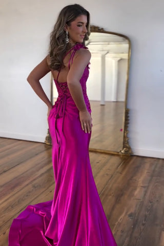 Fuchsia One Shoulder Mermaid Ruched Long Corset Prom Dress with Appliques