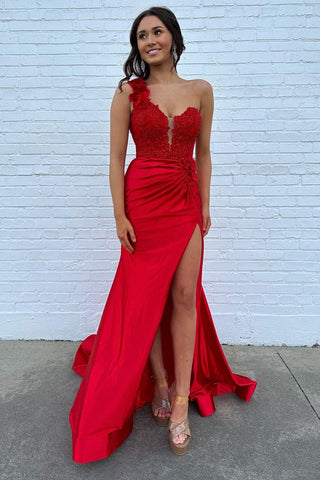 Fuchsia One Shoulder Mermaid Ruched Long Corset Prom Dress with Appliques