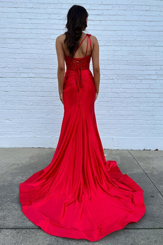 Fuchsia One Shoulder Mermaid Ruched Long Corset Prom Dress with Appliques