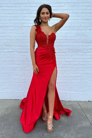 Fuchsia One Shoulder Mermaid Ruched Long Corset Prom Dress with Appliques