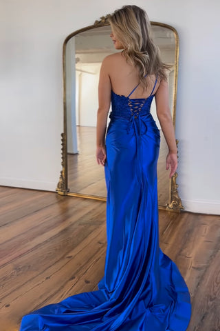Fuchsia One Shoulder Mermaid Ruched Long Corset Prom Dress with Appliques