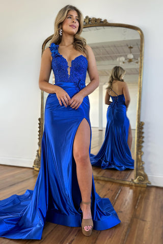 Fuchsia One Shoulder Mermaid Ruched Long Corset Prom Dress with Appliques