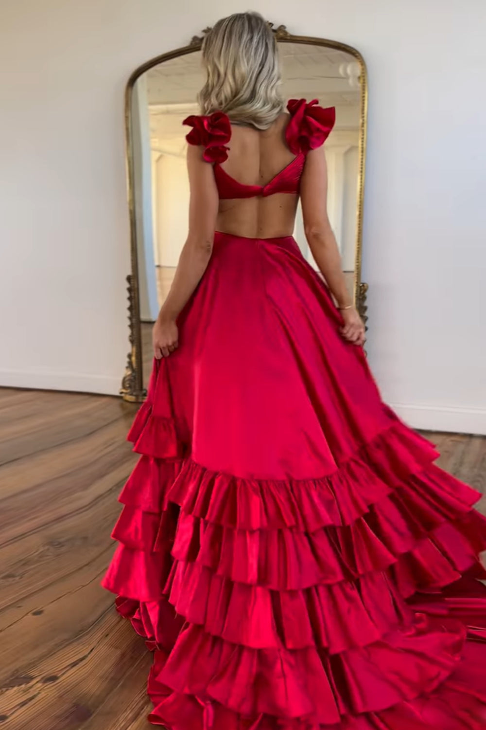 Red V-neck A-Line Satin Tiered Long Prom Dress with Ruffles