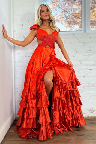 Red V-neck A-Line Satin Tiered Long Prom Dress with Ruffles