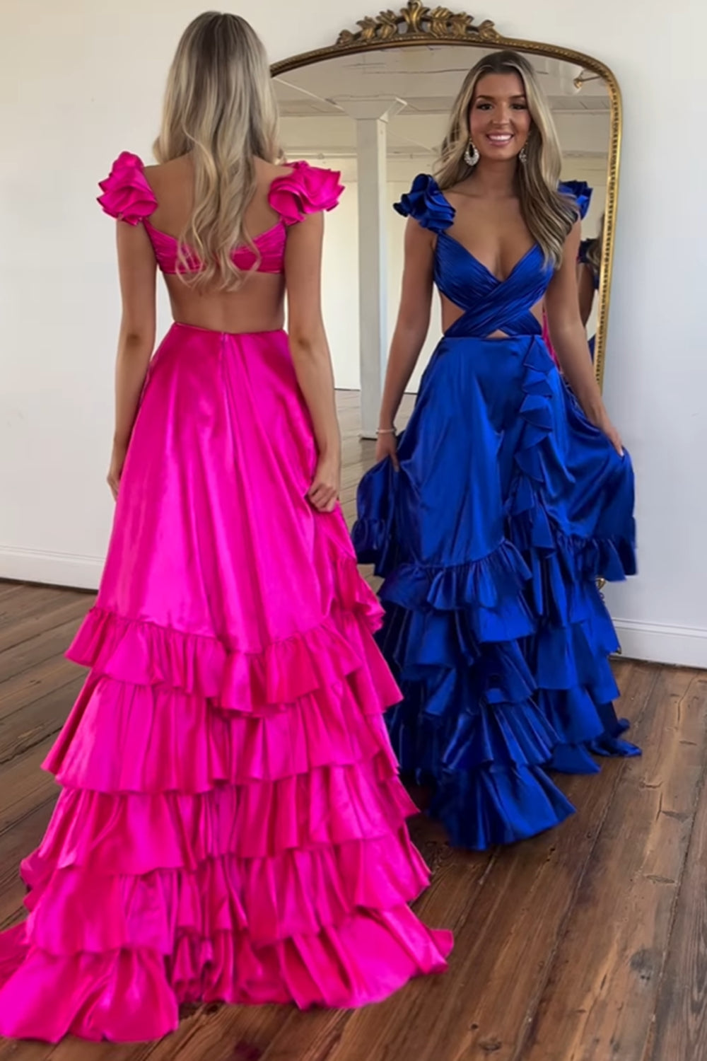 Red V-neck A-Line Satin Tiered Long Prom Dress with Ruffles