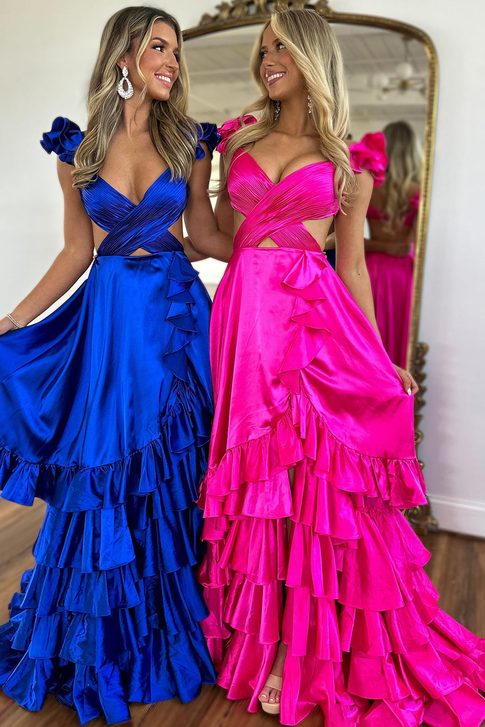 Red V-neck A-Line Satin Tiered Long Prom Dress with Ruffles