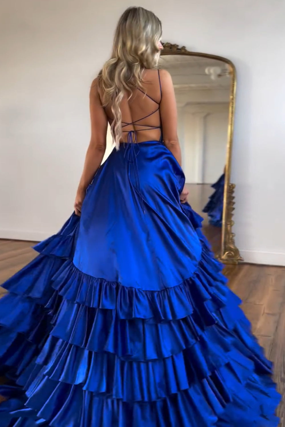 Royal Blue Spaghetti Straps A-Line Satin Tiered Long Prom Dress with Slit