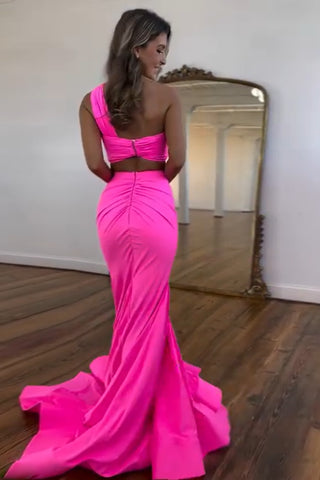 Hot Pink One Shoulder Mermaid Ruched Two Pieces Long Prom Dress 