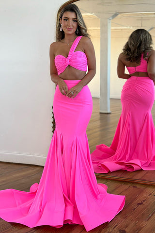 Hot Pink One Shoulder Mermaid Ruched Two Pieces Long Prom Dress 