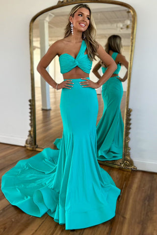 Hot Pink One Shoulder Mermaid Ruched Two Pieces Long Prom Dress 
