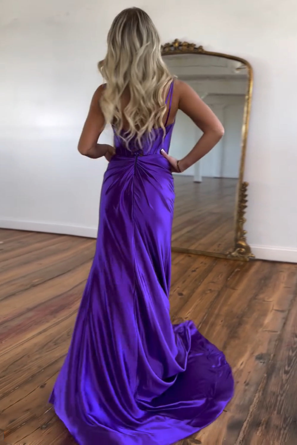 Purple Spaghetti Straps Mermaid Satin Long Corset Prom Dress with Slit