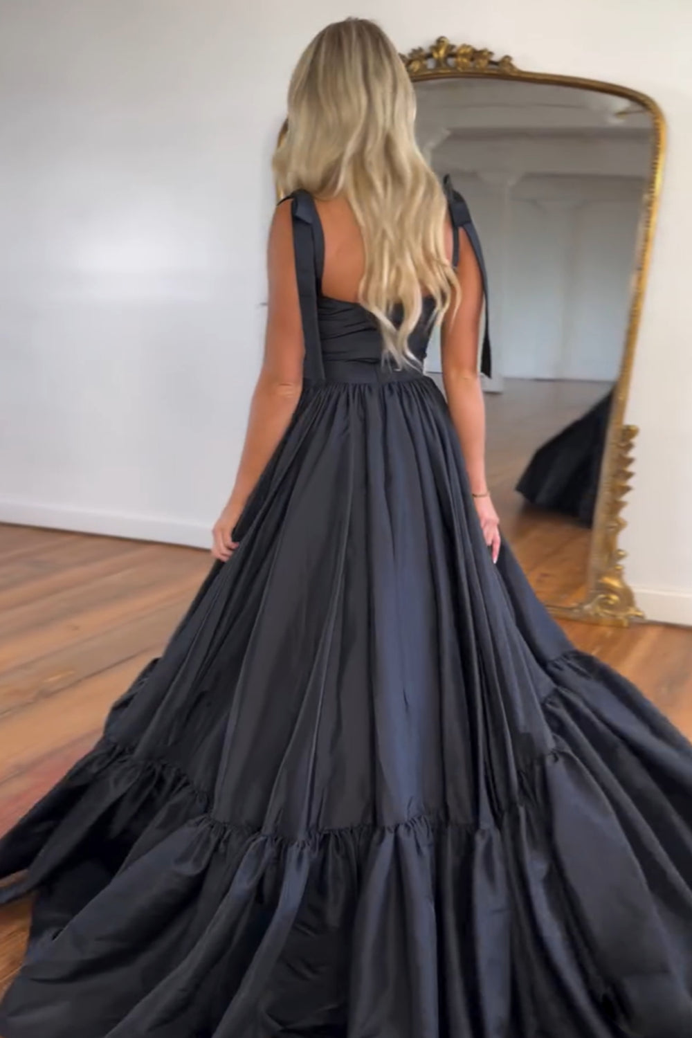 Black Spaghetti Straps A-Line Satin Long Prom Dress