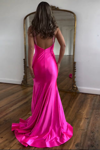 Fuchsia Halter Neck Mermaid Satin Long Prom Dress with Beading