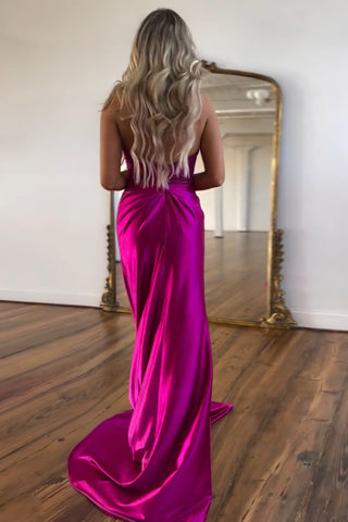 Fuchsia Halter Neck Mermaid Satin Long Prom Dress with Appliques