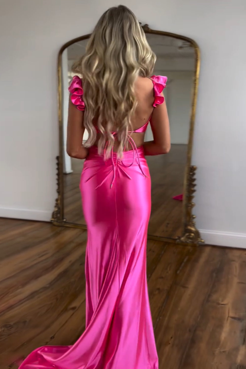 Trendy Hot Pink Mermaid Ruched Cut-out Long Prom Dress with 3D Flower