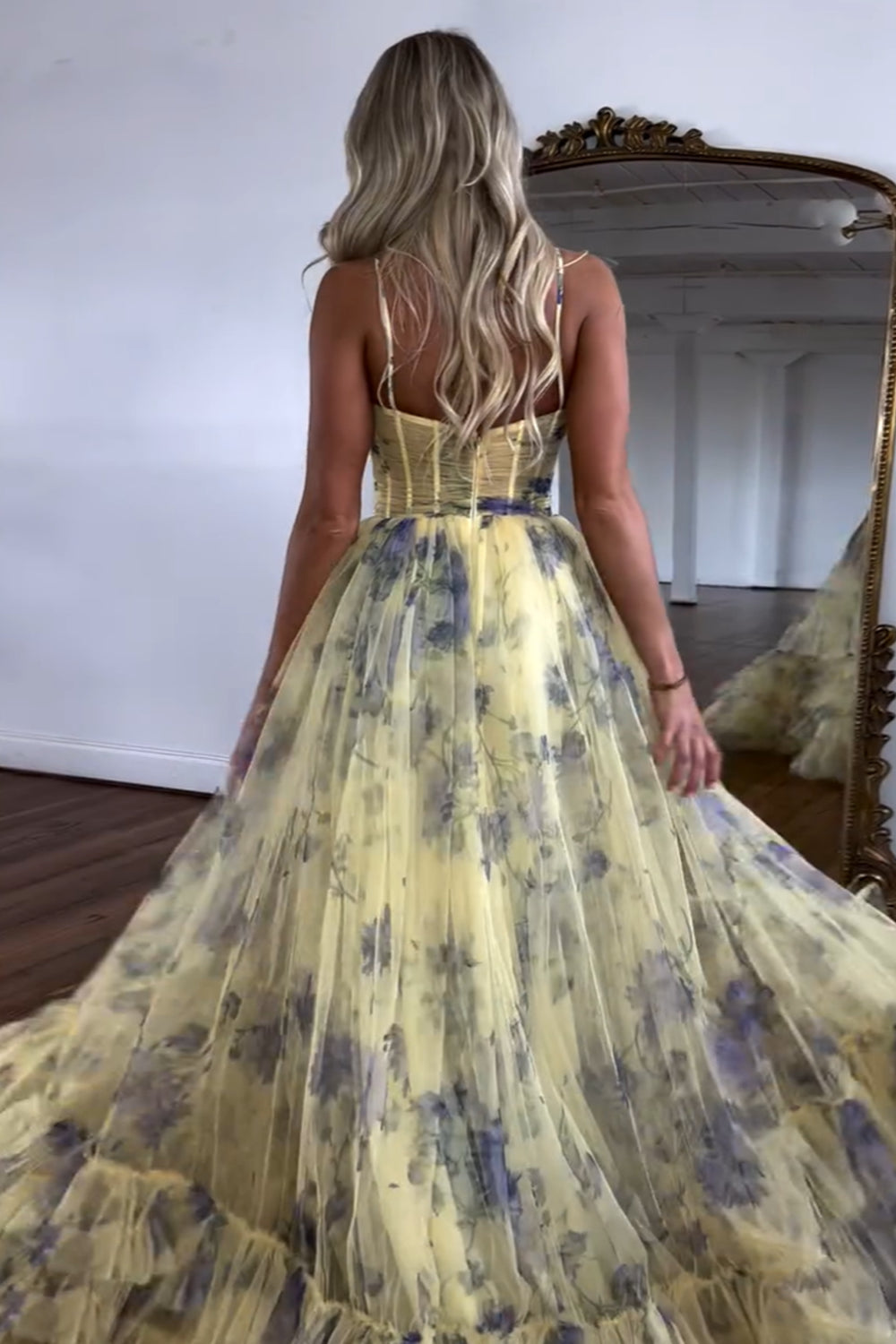 Yellow Floral Print Halter Neck A-Line Tulle Tiered Long Prom Dress 