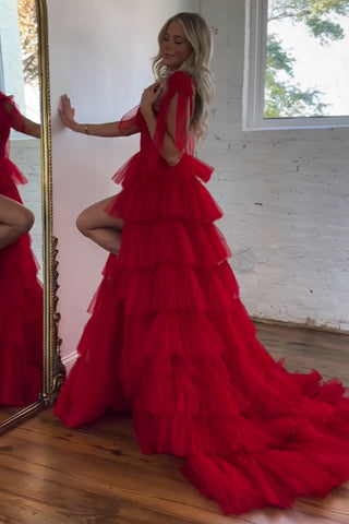 Red Adjustable Straps A-Line Tulle Tiered Long Prom Dress with Slit