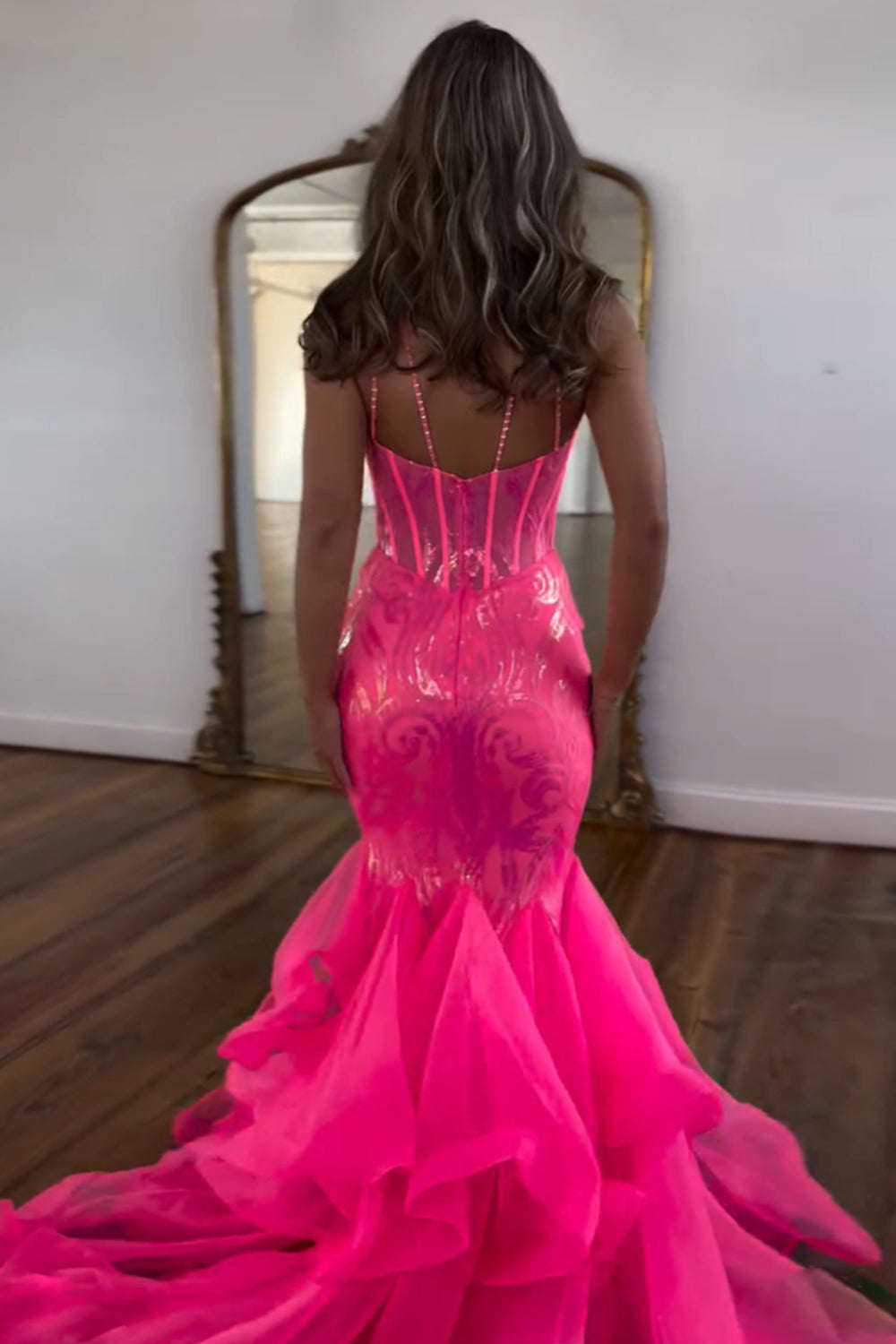 Sparkly Fuchsia Spaghetti Straps Sequins Mermaid Long Corset Prom Dress 
