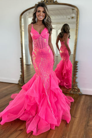 Sparkly Fuchsia Spaghetti Straps Sequins Mermaid Long Corset Prom Dress 