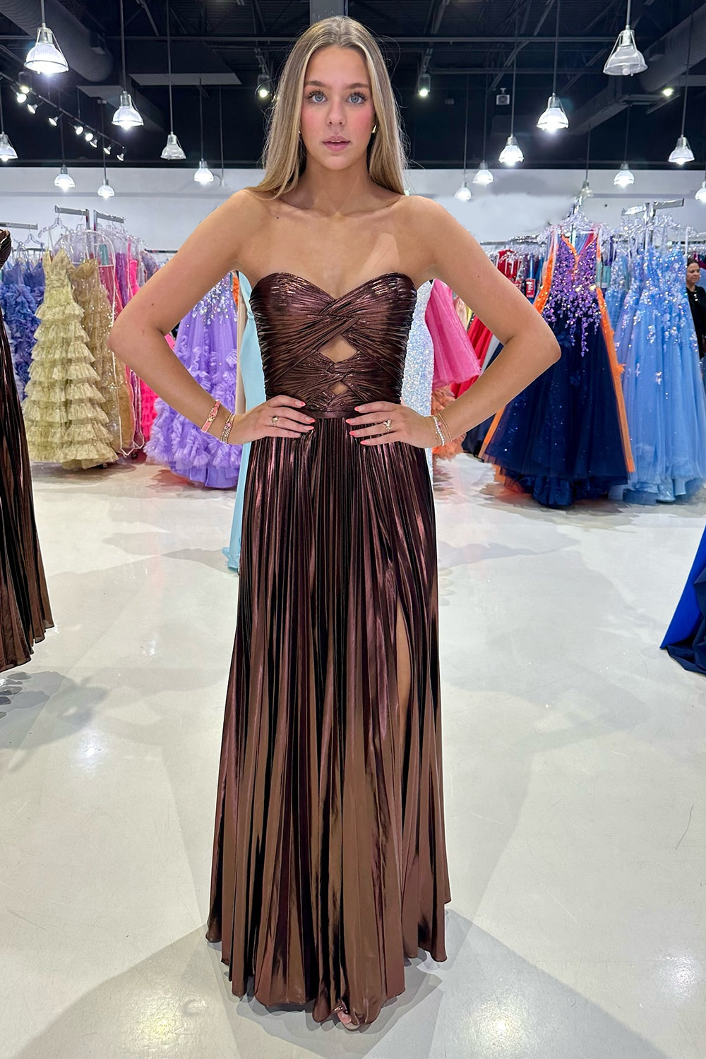 Purple Metallic Sweetheart A-Line Pleated Prom Dress with Slit