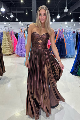 Purple Metallic Sweetheart A-Line Pleated Prom Dress with Slit