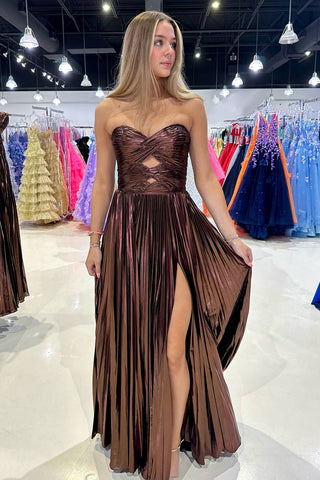 Purple Metallic Sweetheart A-Line Pleated Prom Dress with Slit